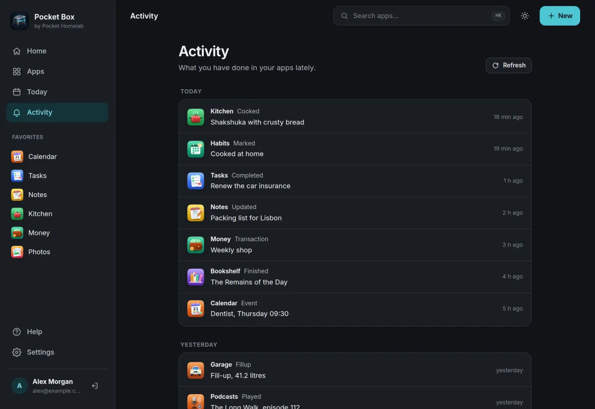 The Activity page: today's entries from Kitchen, Habits, Tasks, Notes, Money, Bookshelf and Calendar, with yesterday below