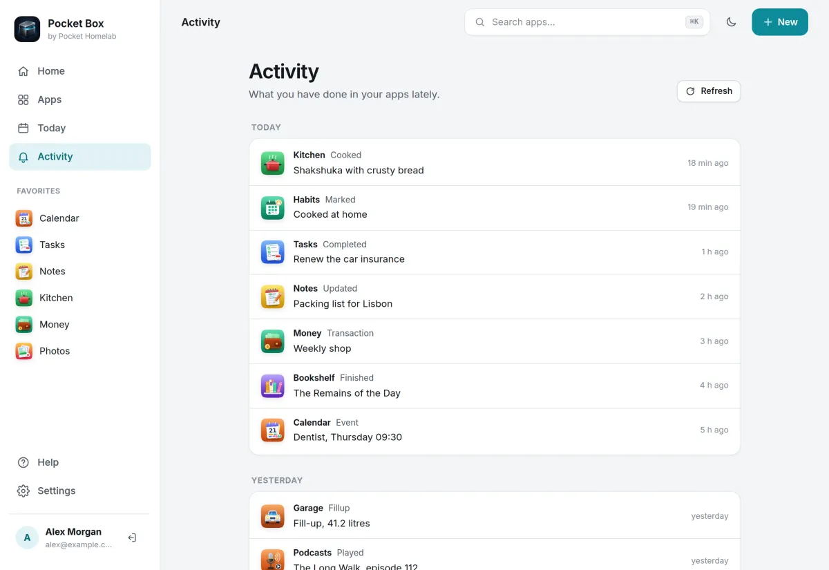 The Activity page: today's entries from Kitchen, Habits, Tasks, Notes, Money, Bookshelf and Calendar, with yesterday below