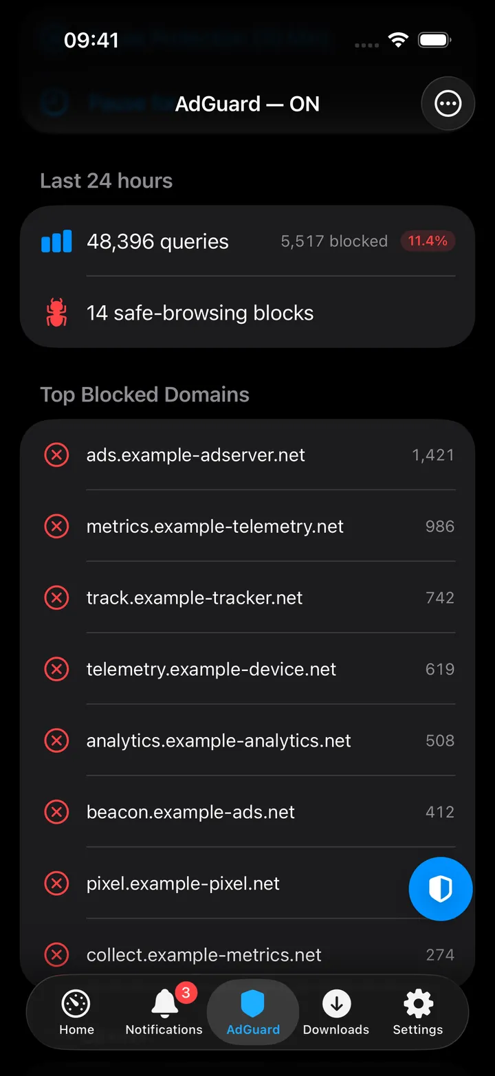 Top blocked domains, top clients and top queried domains.