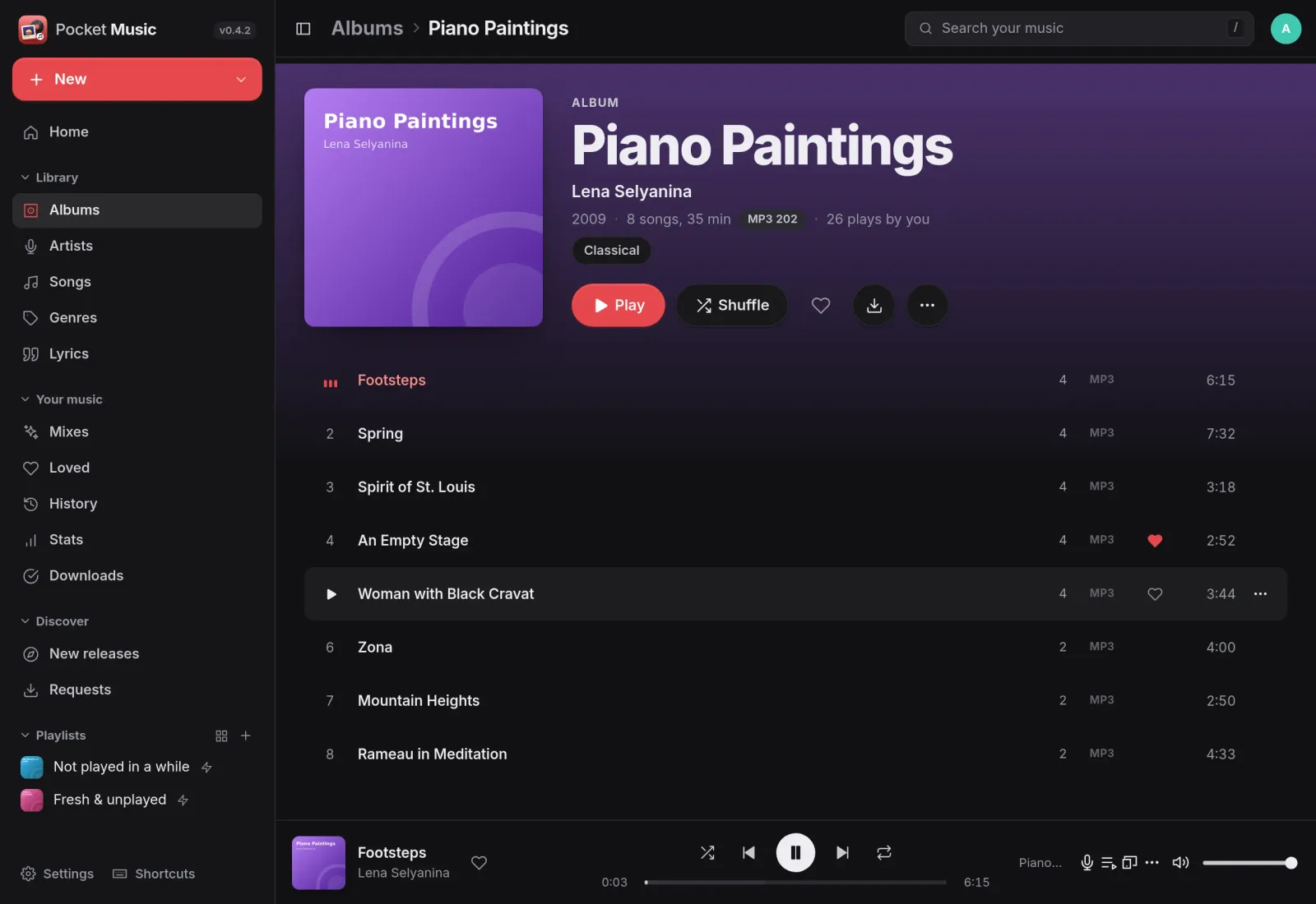 The album Piano Paintings playing: track list with format and a loved song, 26 plays by you, and the player bar at the bottom