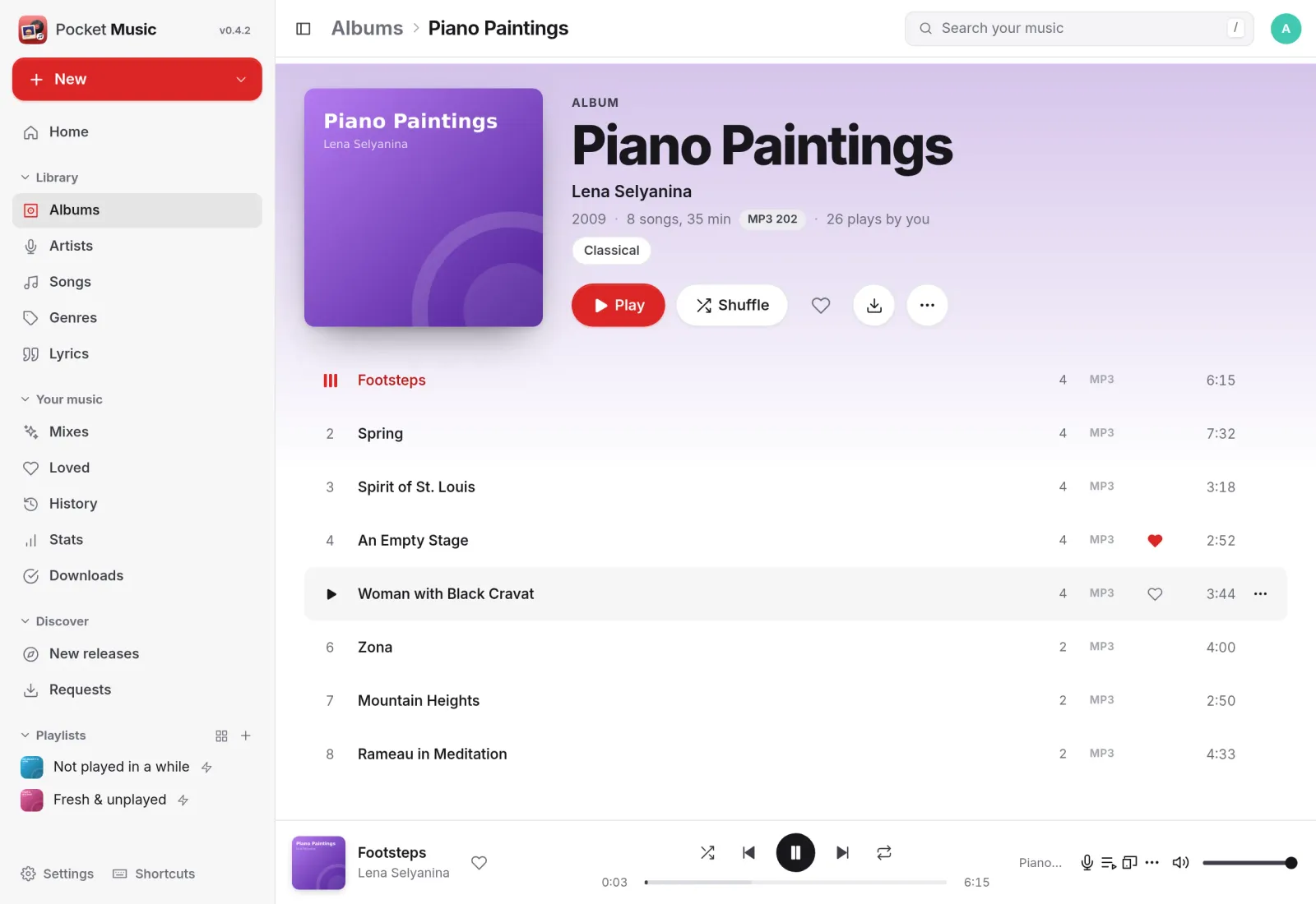 The album Piano Paintings playing: track list with format and a loved song, 26 plays by you, and the player bar at the bottom
