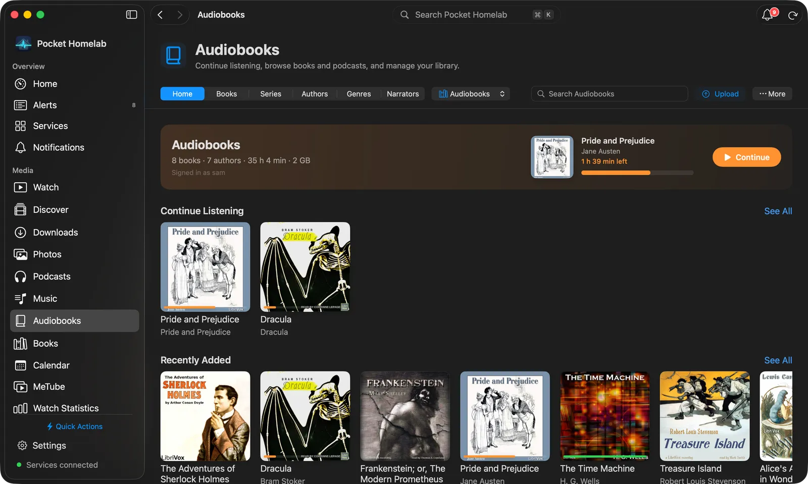 Mac Audiobooks: bar with views, library picker, search, Upload and More above the Home view