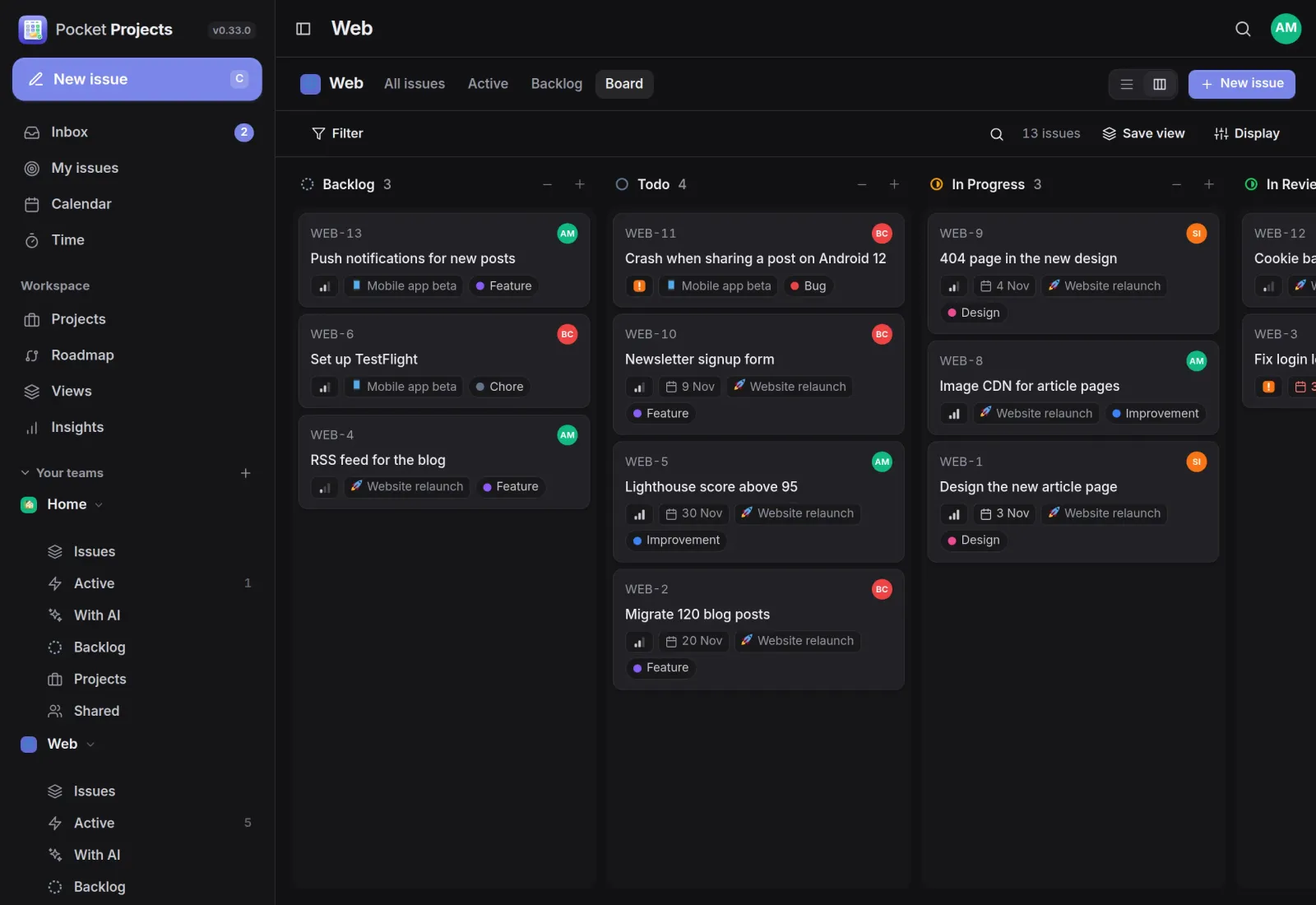 The kanban board of a web team with backlog, todo and in-progress columns, labels, projects and assignees