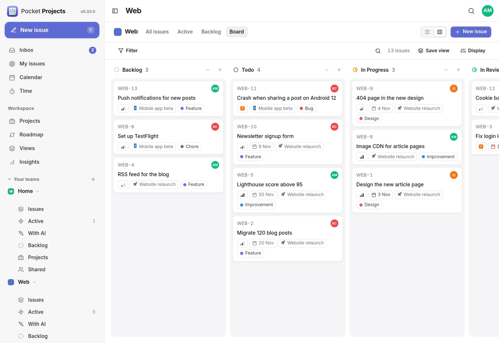 The kanban board of a web team with backlog, todo and in-progress columns, labels, projects and assignees