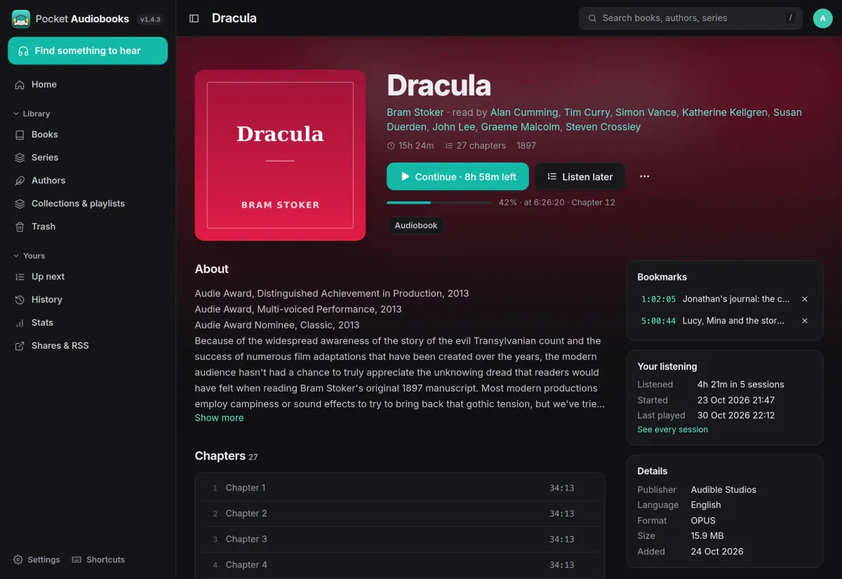 The Dracula page: cover, narrators, Continue with 8h 58m left, the description, chapters, two bookmarks and listening totals
