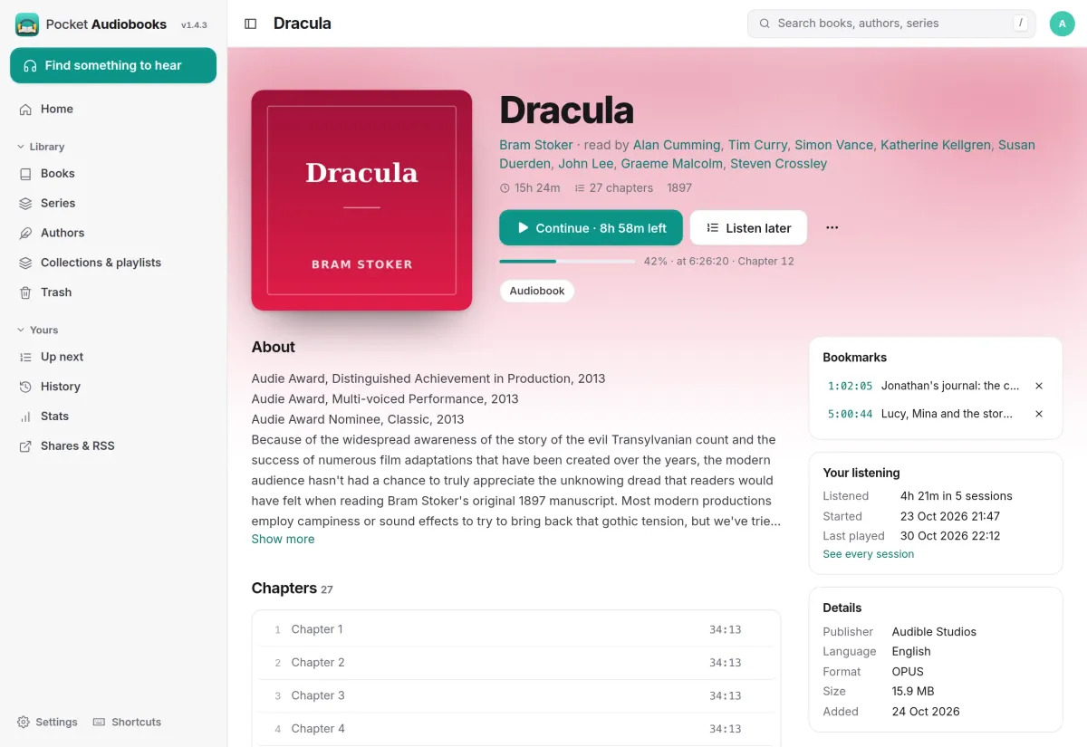 The Dracula page: cover, narrators, Continue with 8h 58m left, the description, chapters, two bookmarks and listening totals