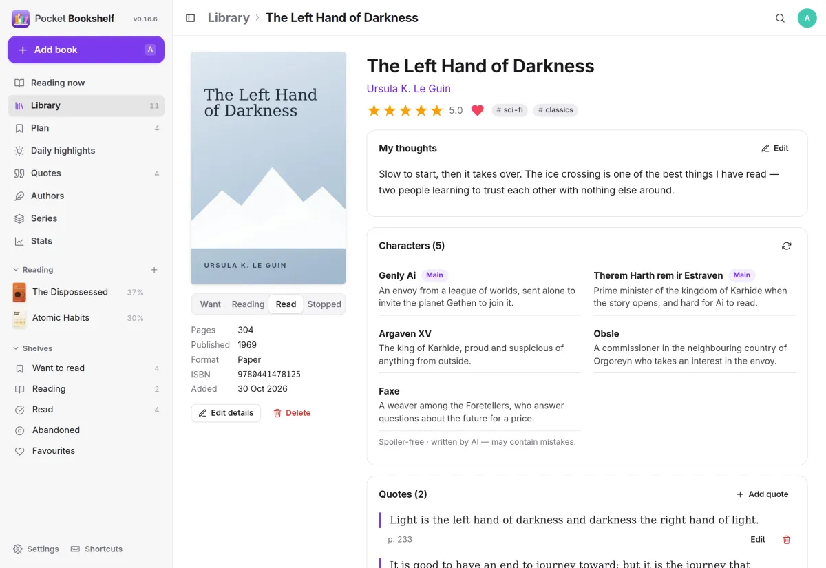 A book page: five stars, the reader's thoughts, five characters with spoiler-free notes and two saved quotes