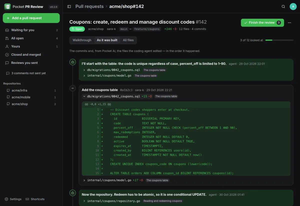 As it was built: an agent's note before creating the coupons table, then the commit with the SQL migration