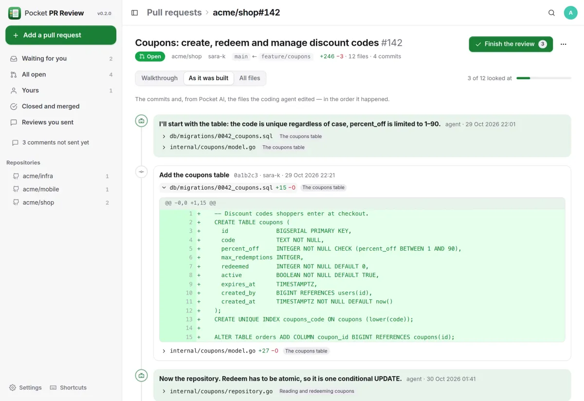 As it was built: an agent's note before creating the coupons table, then the commit with the SQL migration