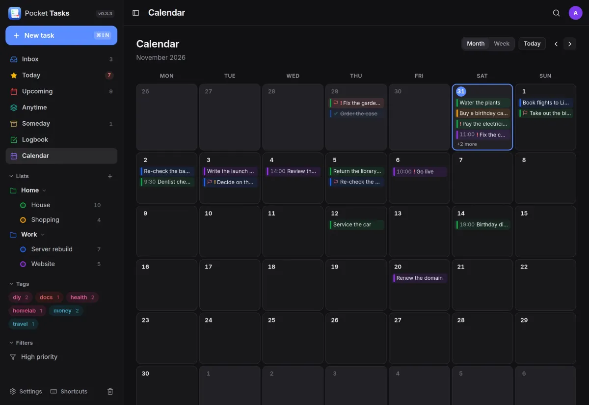 A month calendar of tasks: today's chores, a dentist appointment at 9:30, a launch at 10:00 and a birthday dinner at 19:00