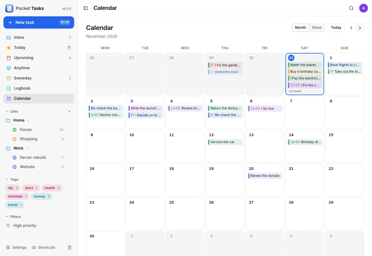A month calendar of tasks: today's chores, a dentist appointment at 9:30, a launch at 10:00 and a birthday dinner at 19:00