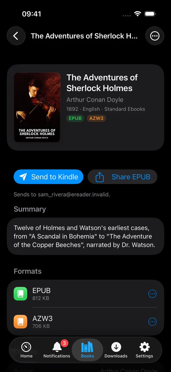 Book screen with Send to Kindle and format list
