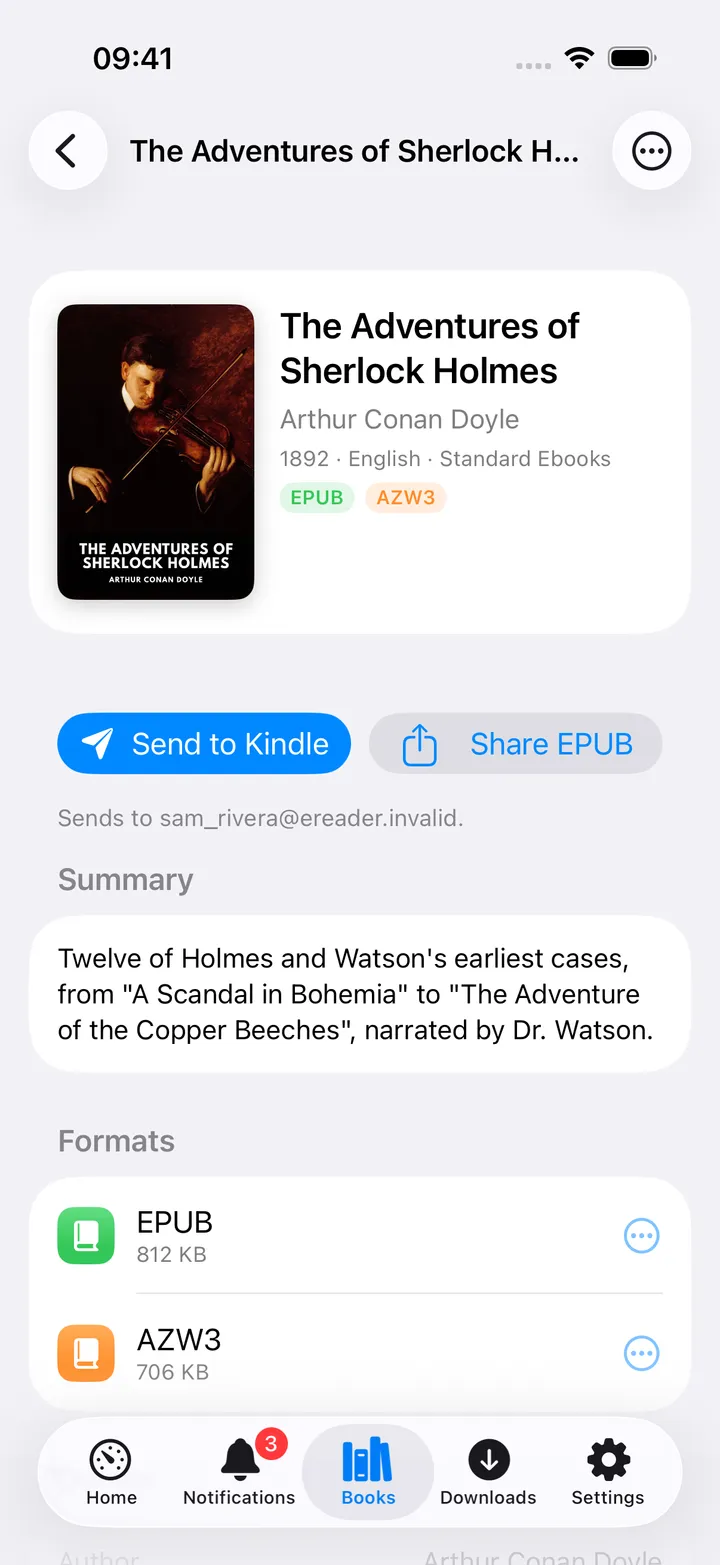 Book screen with Send to Kindle and format list