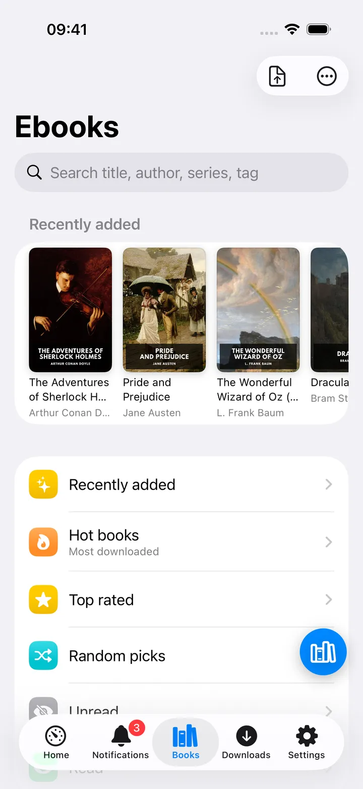 Ebooks hub with recently added strip and browse rows