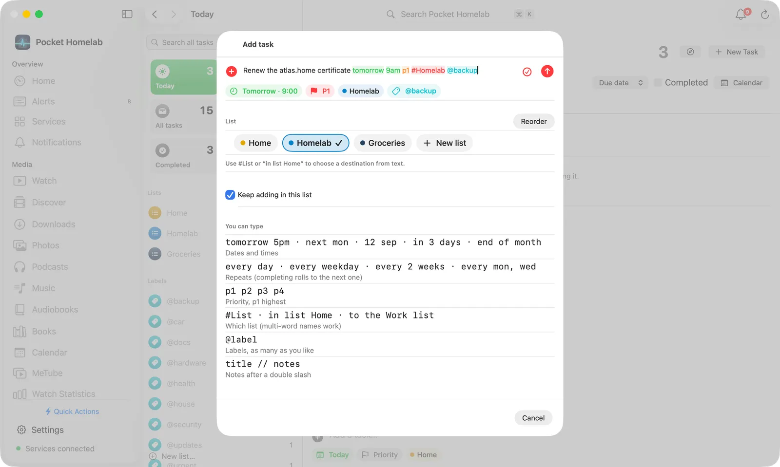 The floating Add task capture panel over another app