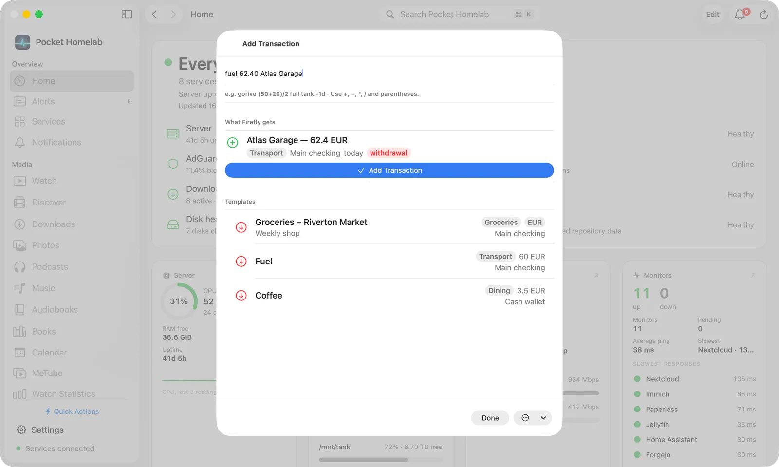 Floating Add transaction panel over another application