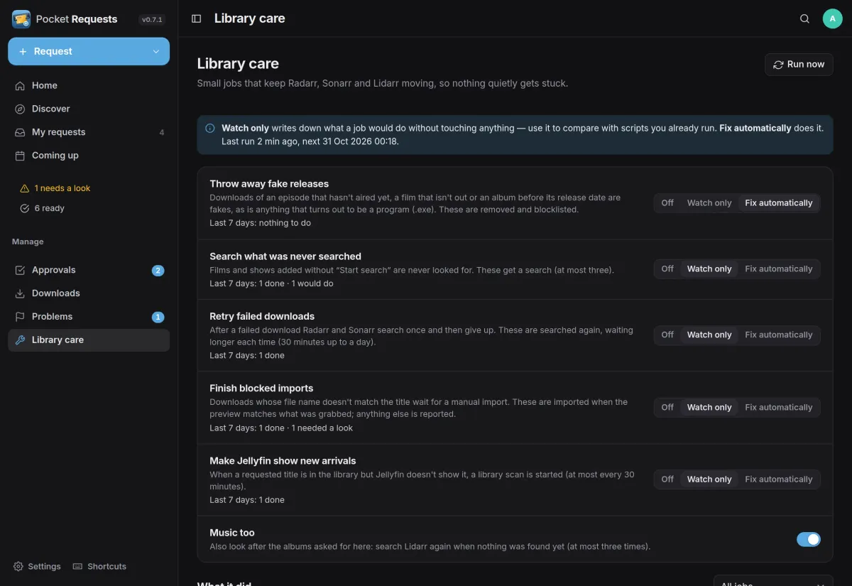 Library care: jobs for fake releases, missed searches, failed downloads, blocked imports and Jellyfin scans, each set to off, watch only or fix