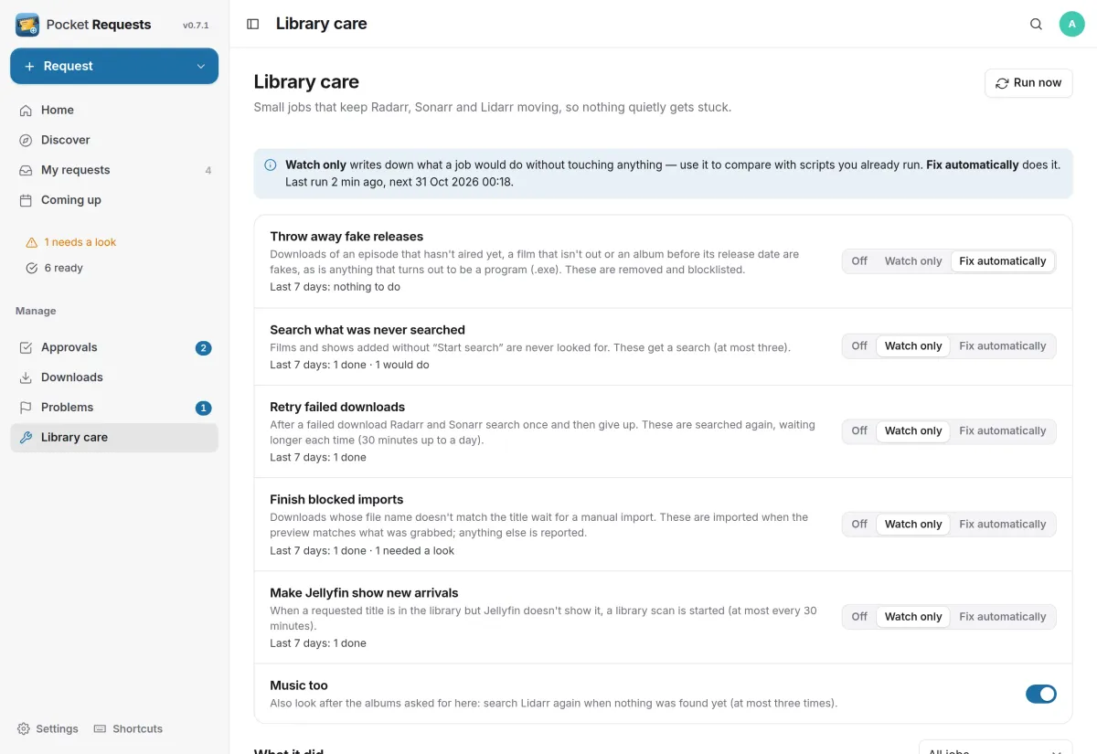 Library care: jobs for fake releases, missed searches, failed downloads, blocked imports and Jellyfin scans, each set to off, watch only or fix