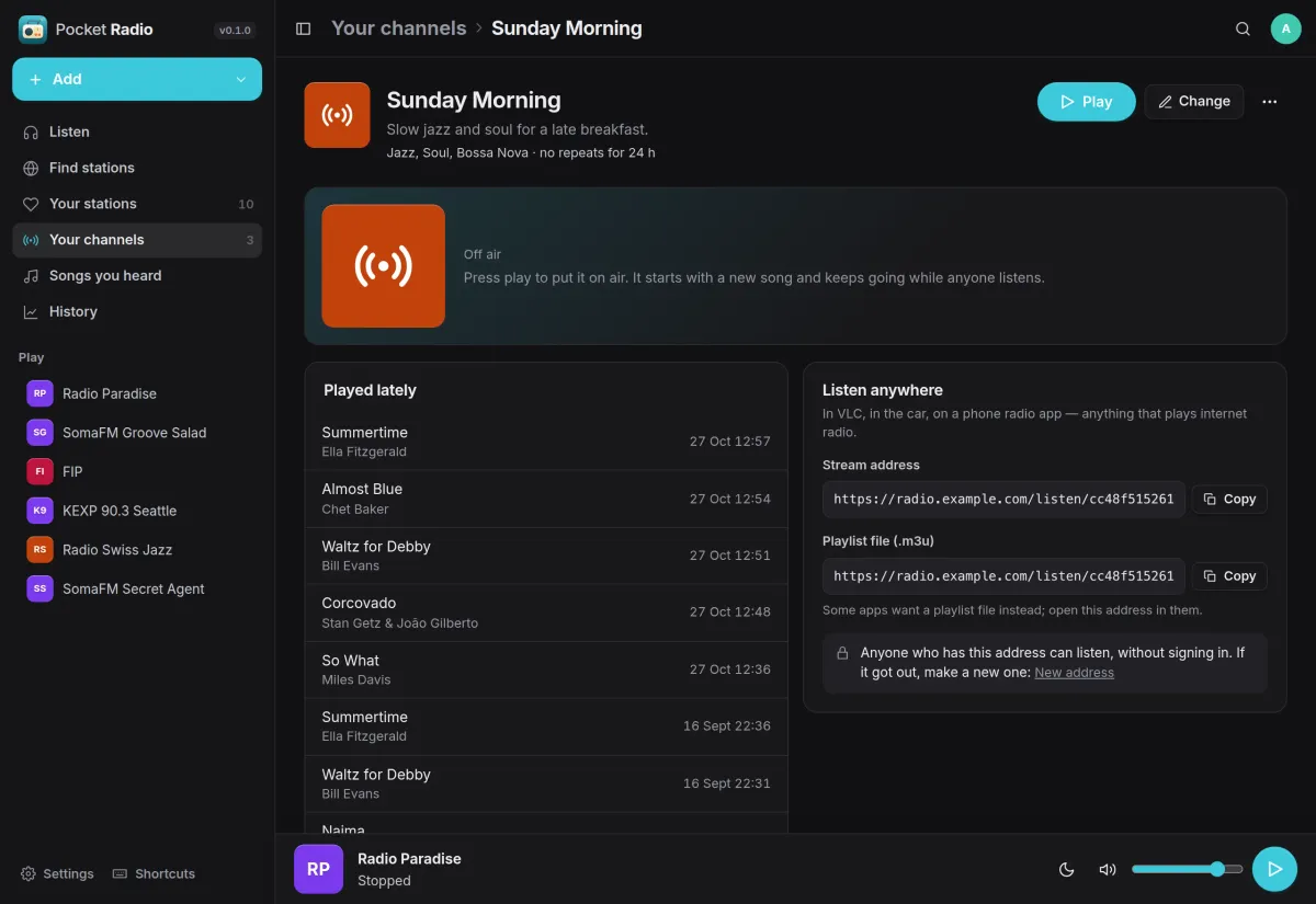 The Sunday Morning channel: its jazz and soul rules, the songs it played lately and its stream address