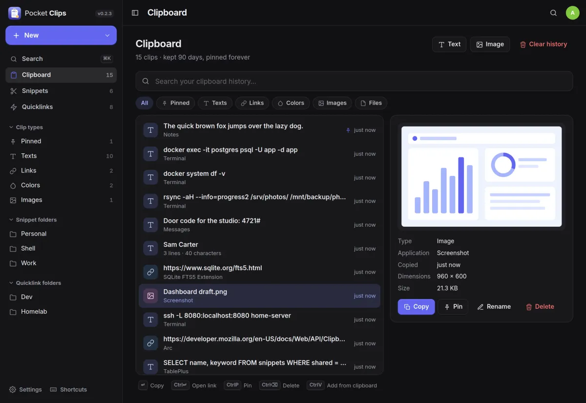 The clipboard list with a screenshot clip open, showing its preview, size, source app and Copy, Pin and Rename buttons