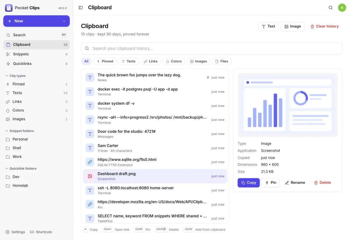 The clipboard list with a screenshot clip open, showing its preview, size, source app and Copy, Pin and Rename buttons