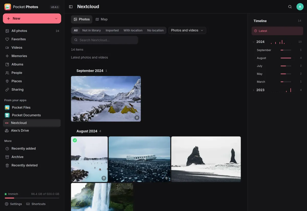 A connected Nextcloud reviewed by month, with a tick on a photo already in the library and location badges