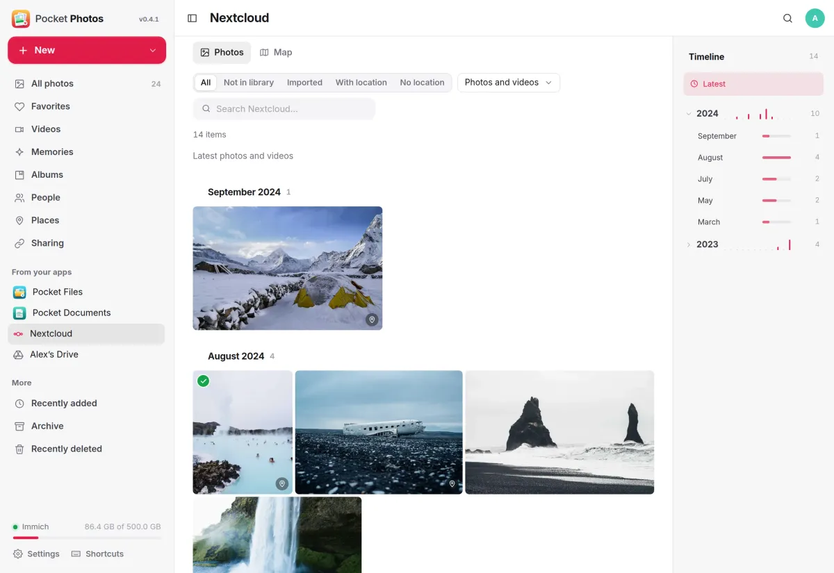 A connected Nextcloud reviewed by month, with a tick on a photo already in the library and location badges