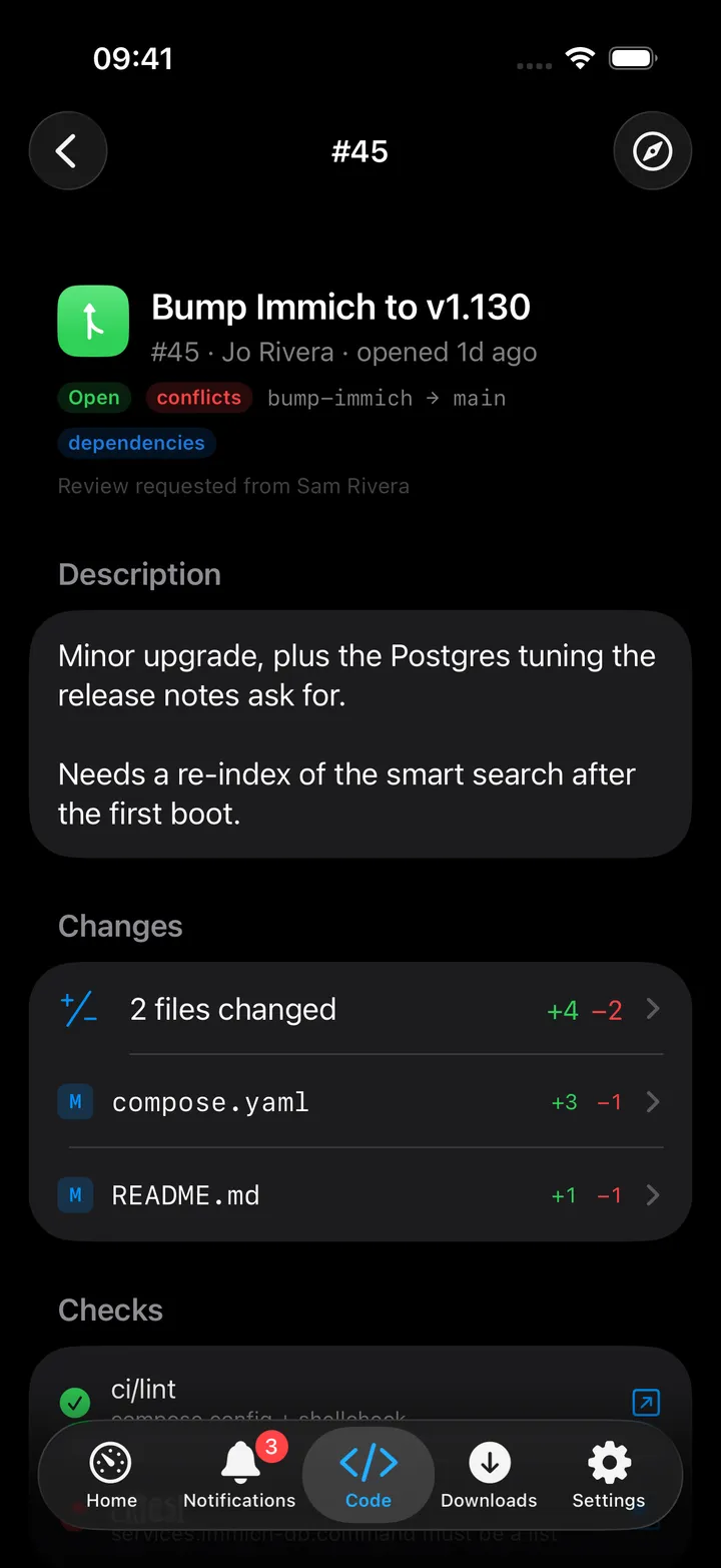 A pull request detail screen with reviews and a merge-method picker
