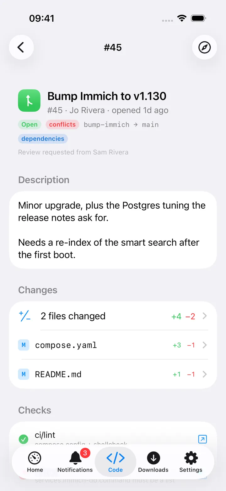 A pull request detail screen with reviews and a merge-method picker