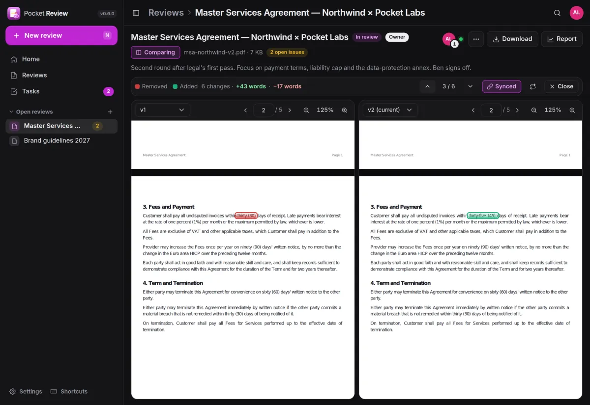 Two revisions of a contract side by side: thirty days removed on the left, forty-five days added on the right