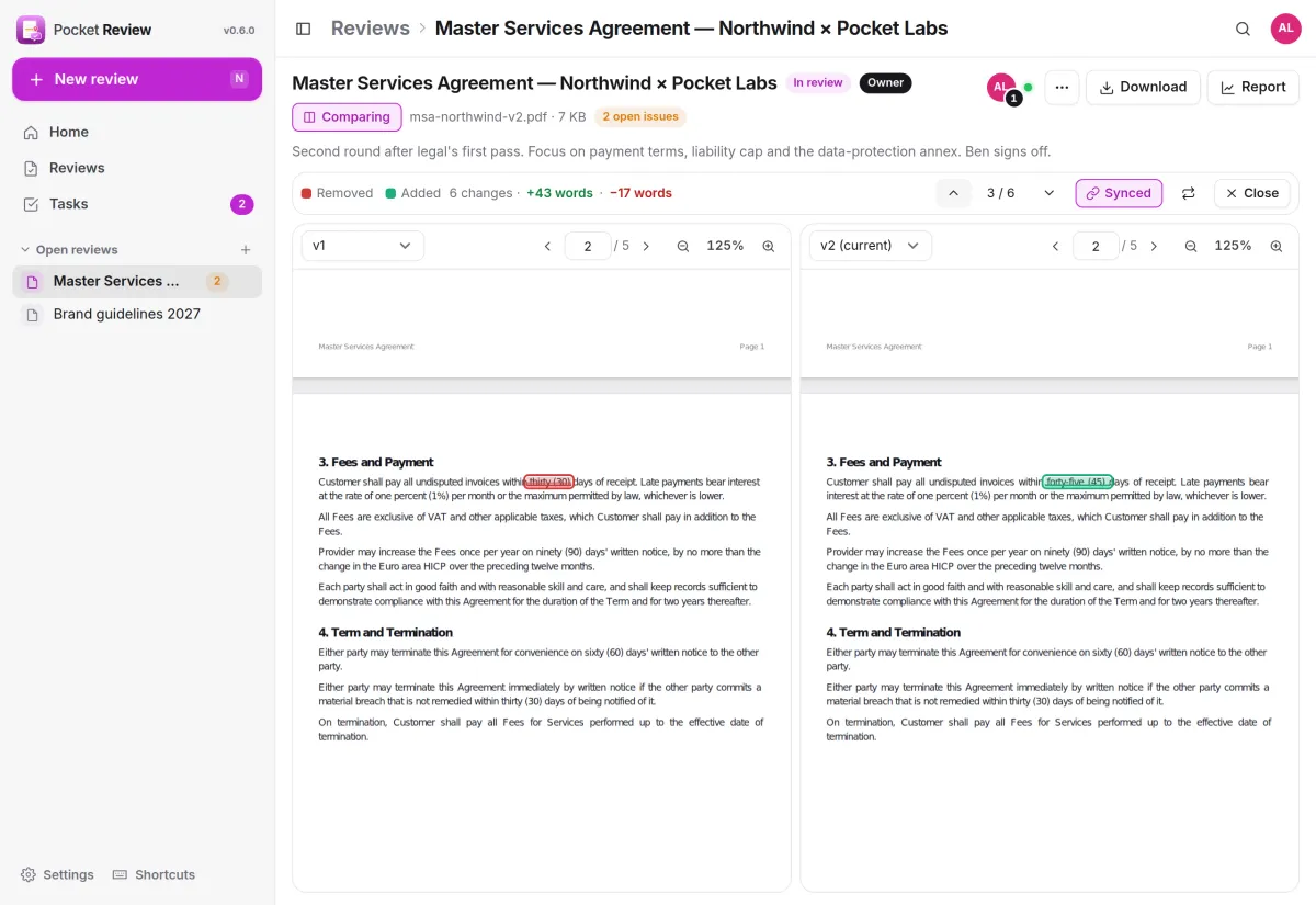 Two revisions of a contract side by side: thirty days removed on the left, forty-five days added on the right