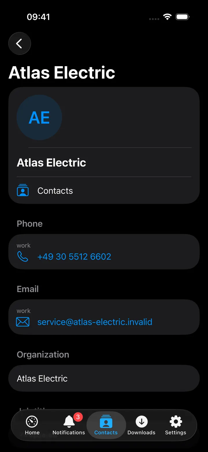 A contact detail screen with phone, email and address sections