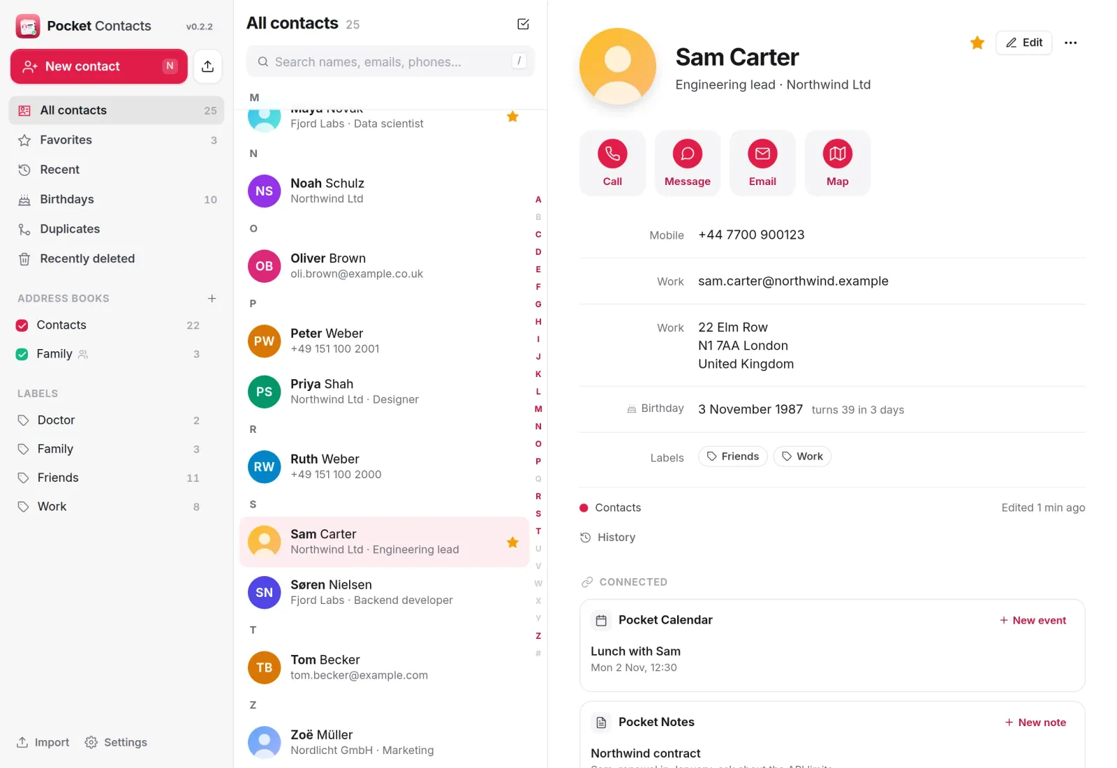 A contact page with call, message, email and map buttons, a London work address, a birthday in three days and two labels