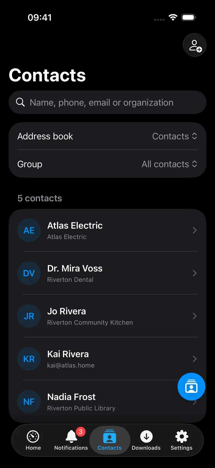 Contacts list with an address book picker and search field