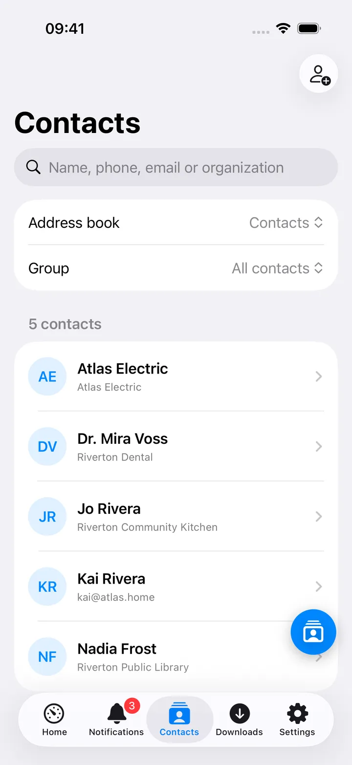 Contacts list with an address book picker and search field