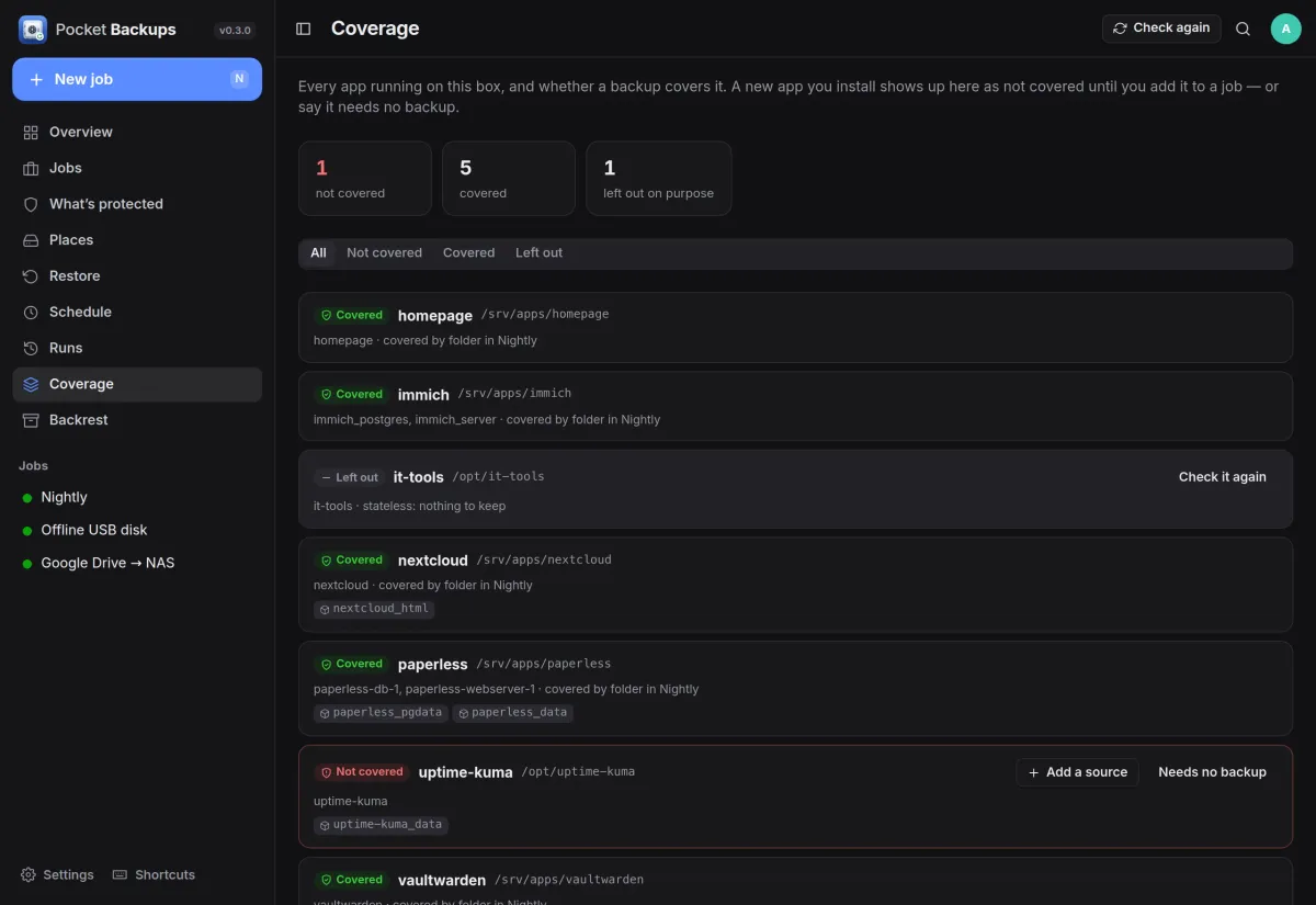 Coverage: five apps covered by the nightly job, one left out on purpose and one not covered, with Add a source and Needs no backup