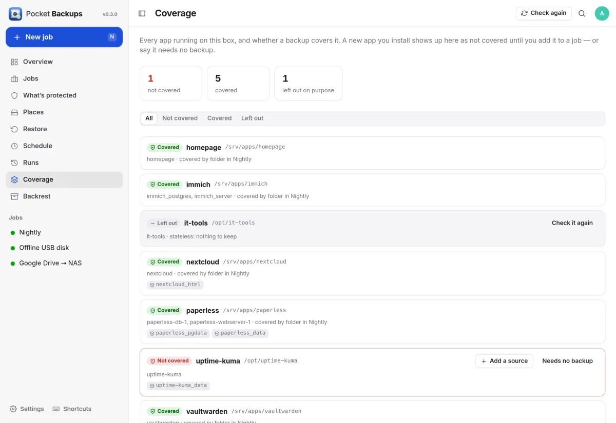 Coverage: five apps covered by the nightly job, one left out on purpose and one not covered, with Add a source and Needs no backup