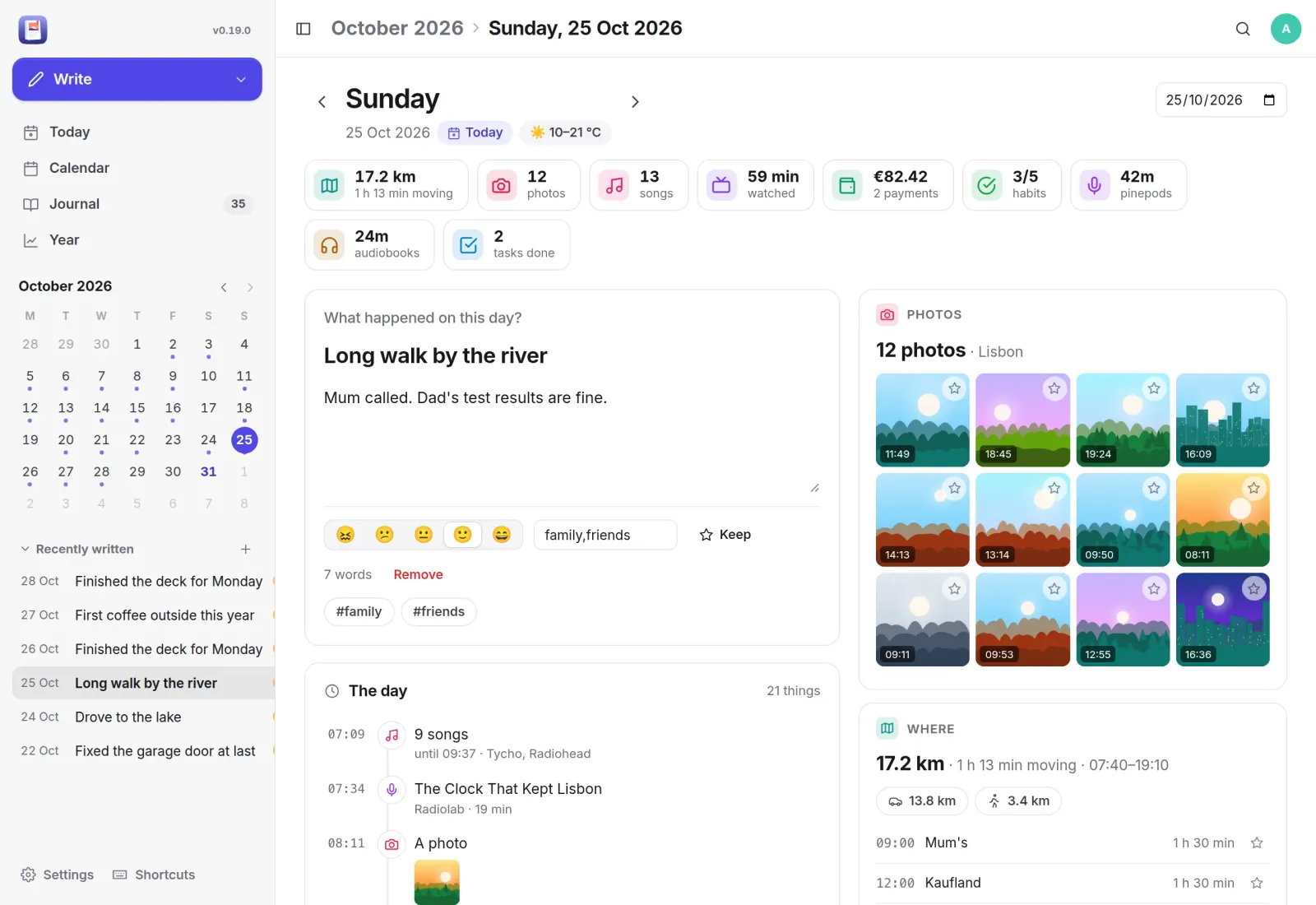 A day in Pocket Day: the entry Long walk by the river, distance, photos, songs and spending, a photo grid and the places visited