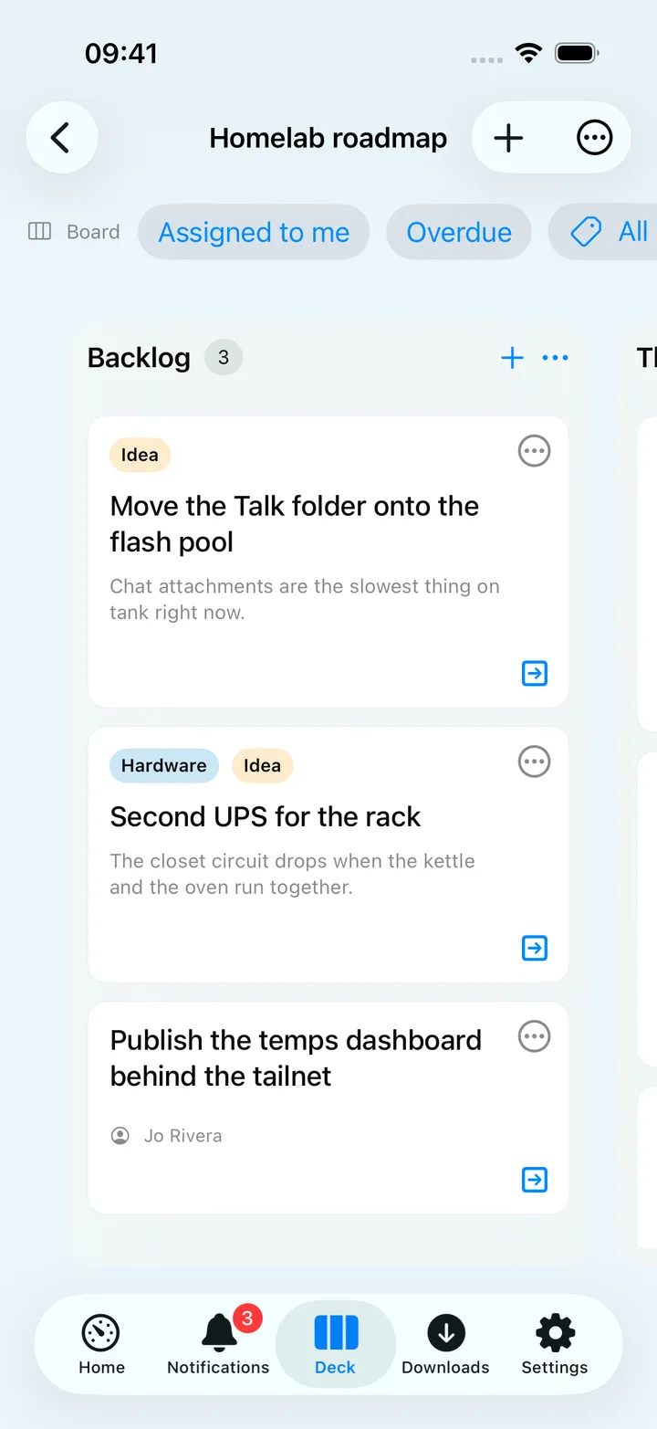 A kanban board with three lists and label chips