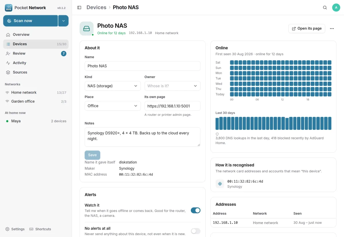 A NAS: its details and notes, a week grid of online hours, the last 30 days, its MAC address and its IP address