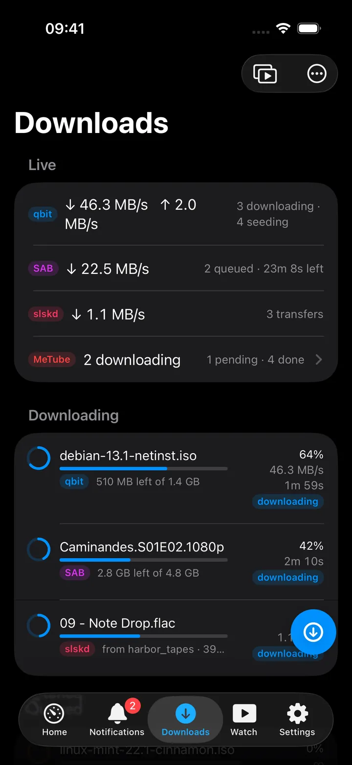 Downloads screen showing transfers from several clients