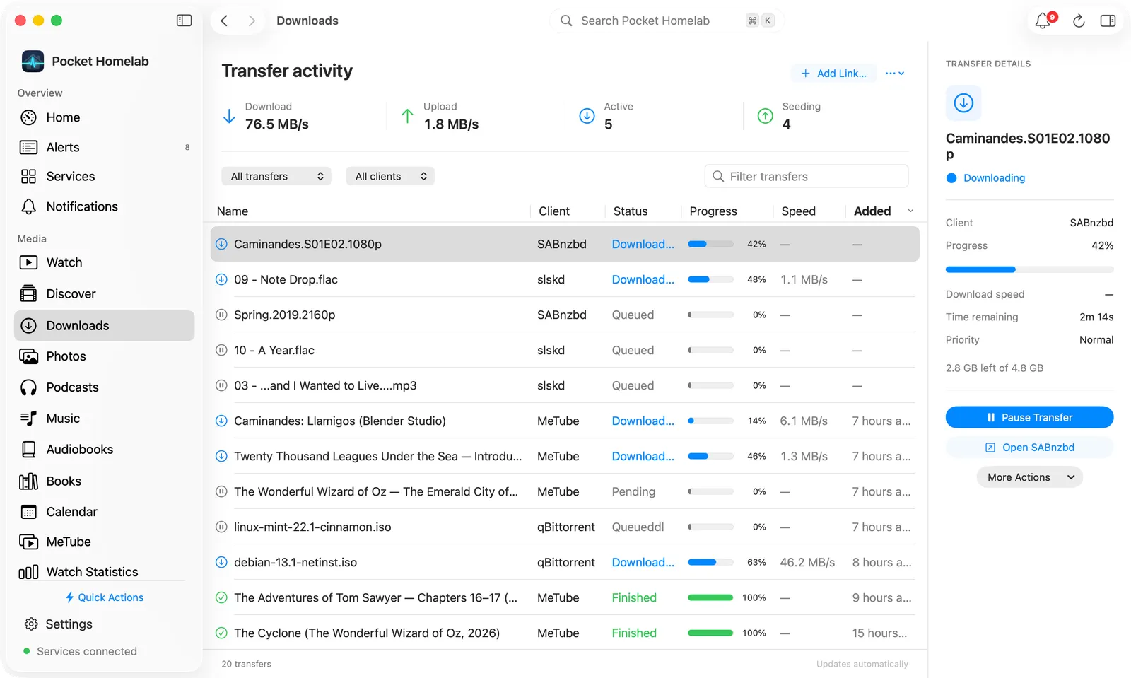 Downloads workspace with a transfers table and inspector