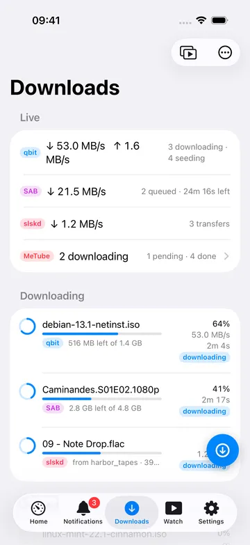 Downloads screen showing active transfers
