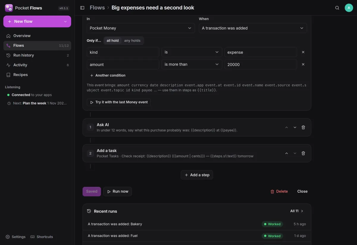 The flow editor: when a transaction is added, only if it is an expense over 200, ask AI and then add a task
