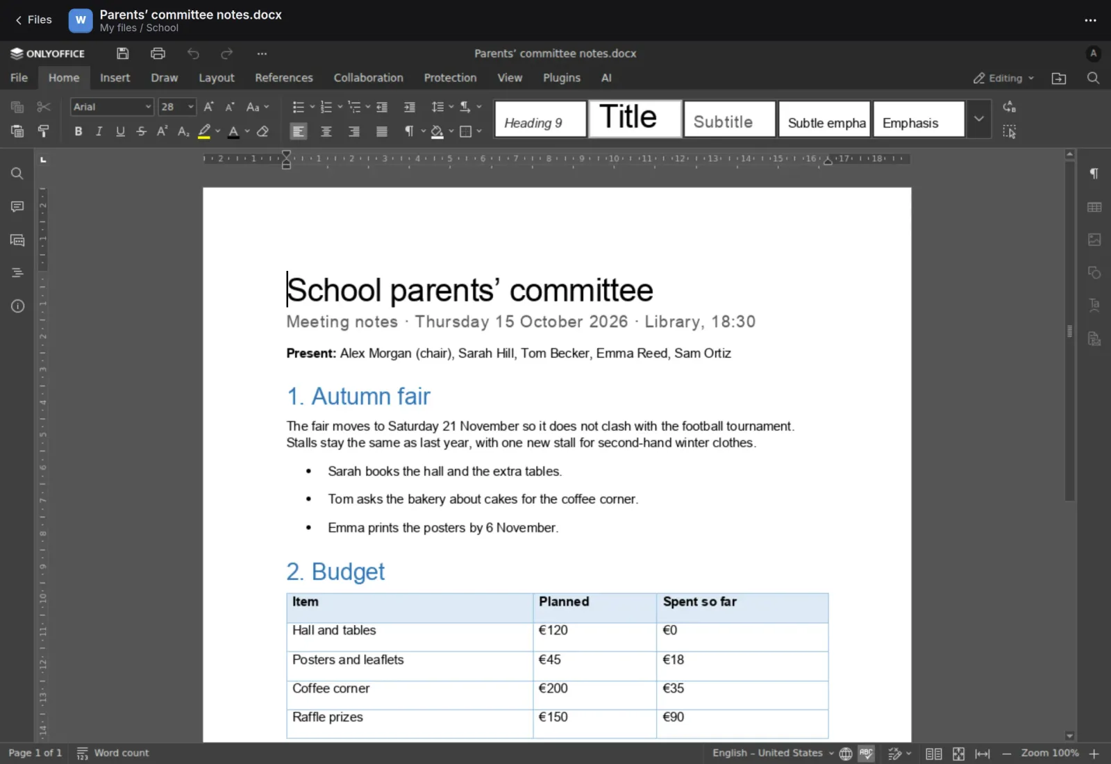 Meeting notes open in the ONLYOFFICE editor inside Pocket Office, with headings, a bullet list and a budget table