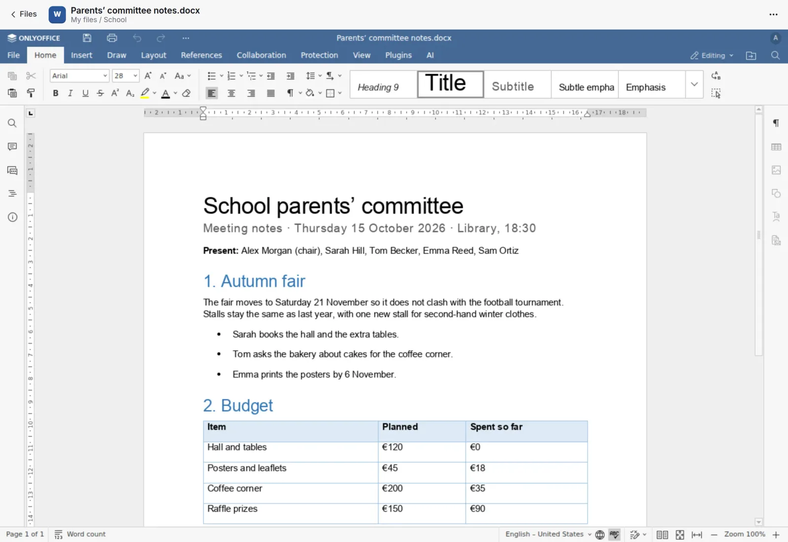 Meeting notes open in the ONLYOFFICE editor inside Pocket Office, with headings, a bullet list and a budget table