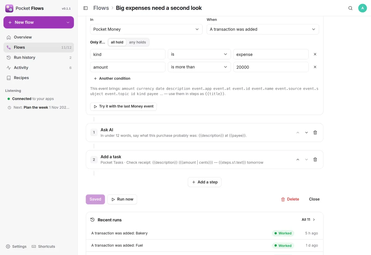 The flow editor: when a transaction is added, only if it is an expense over 200, ask AI and then add a task
