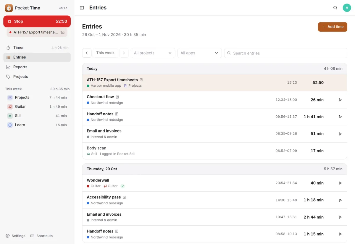 The entries of a week grouped by day: client work, a guitar song, a meditation logged in Pocket Still