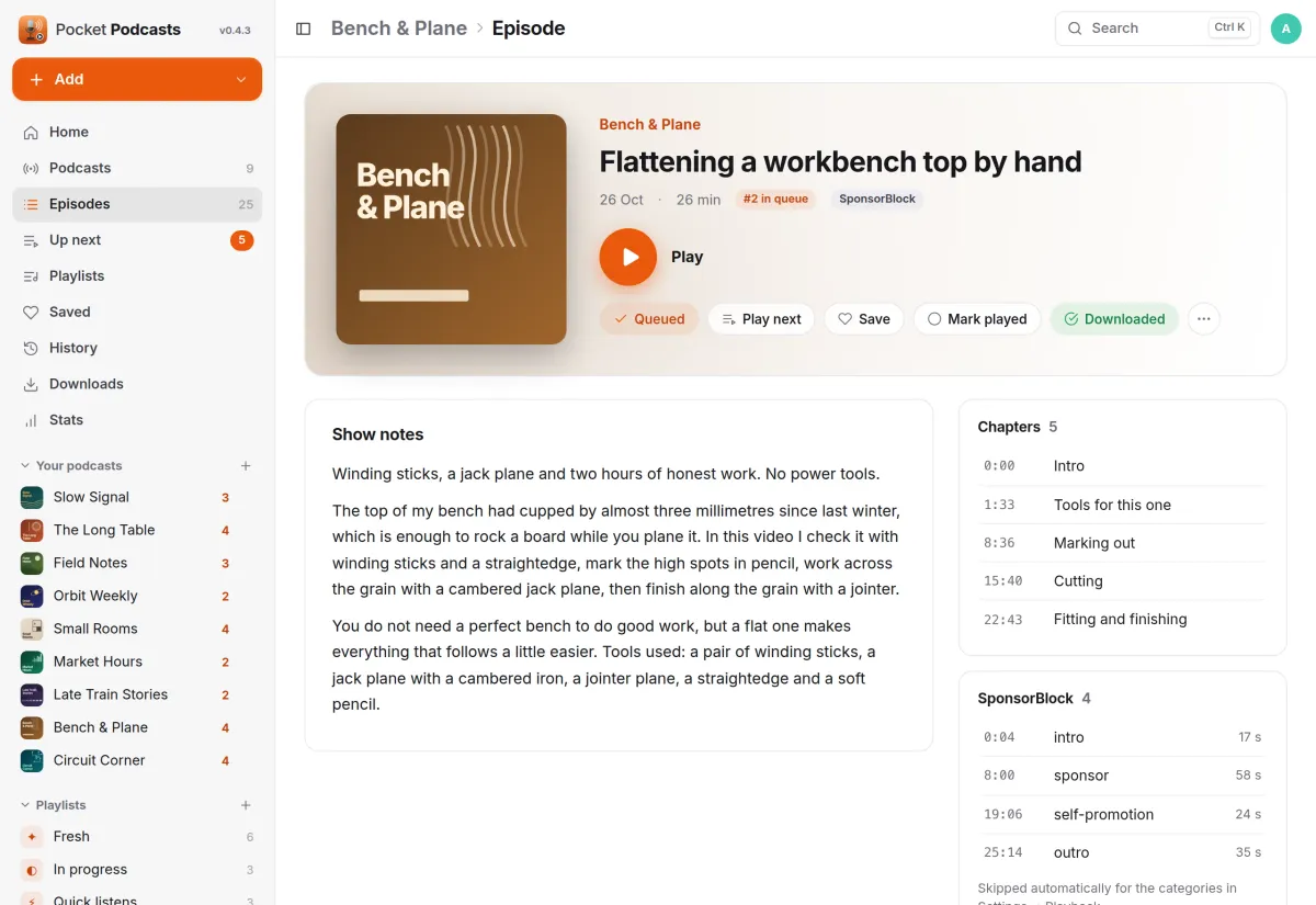 A woodworking video as a podcast episode: show notes, five chapters and four SponsorBlock segments