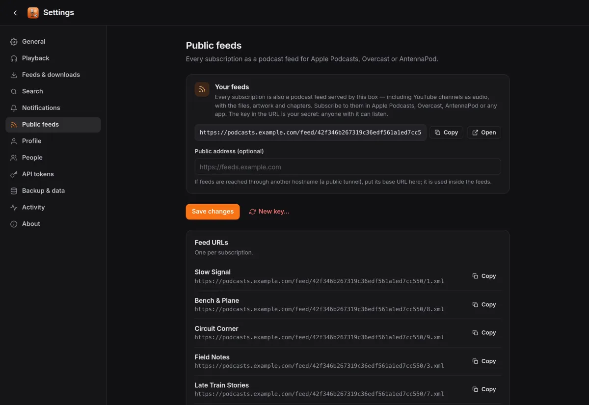 Settings, Public feeds: the personal feed address and one feed URL per subscription